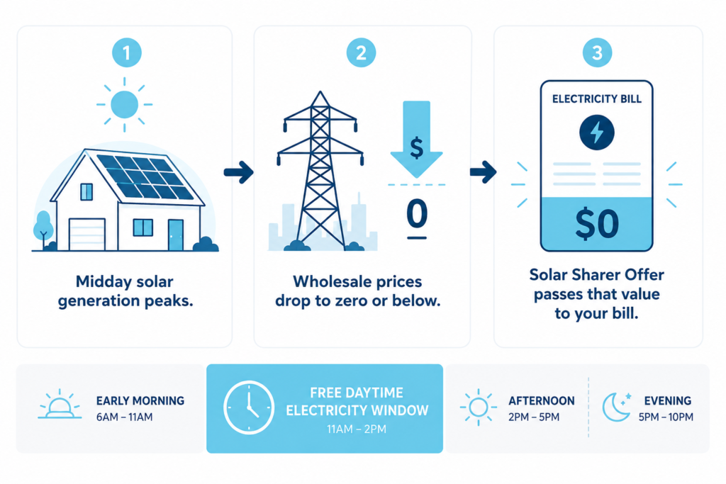 Infographic showing solar energy flowing from rooftop panels to lower electricity bills, with a highlighted free daytime power window.