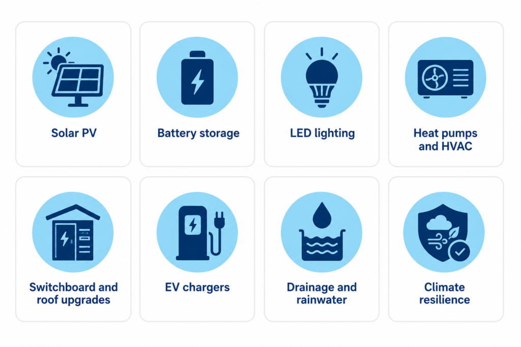 Grid infographic showing eight grant-funded upgrades including solar, batteries, EV chargers, HVAC, drainage and climate resilience projects.
