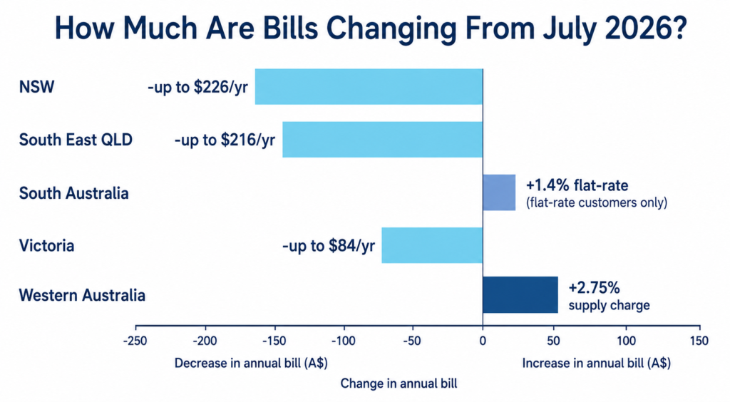 Horizontal bar chart infographic comparing electricity bill changes across Australian states from July 2026, showing rises and declines.