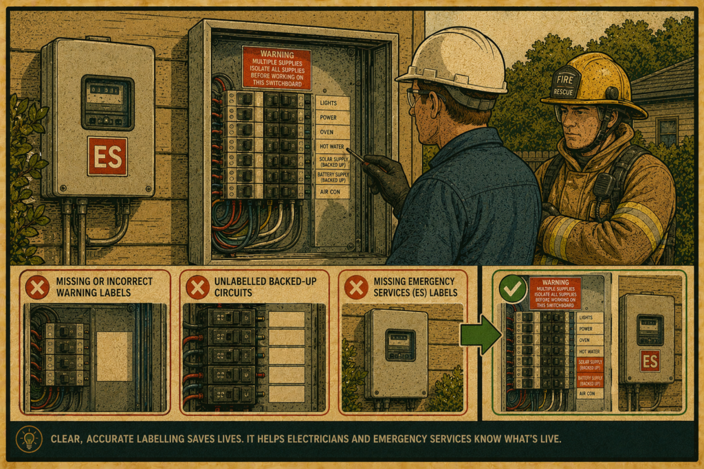 Vintage-style infographic showing an electrical switchboard with correct and incorrect labels for a solar battery install, highlighting risks for electricians