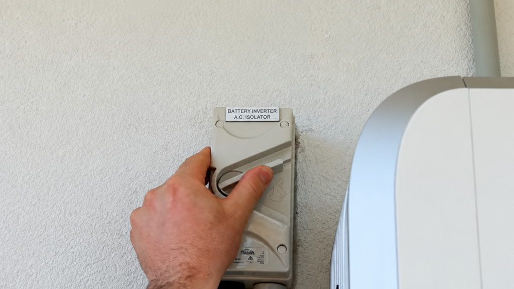 A hand switching off the battery inverter AC isolator, the first step to shut down the battery.