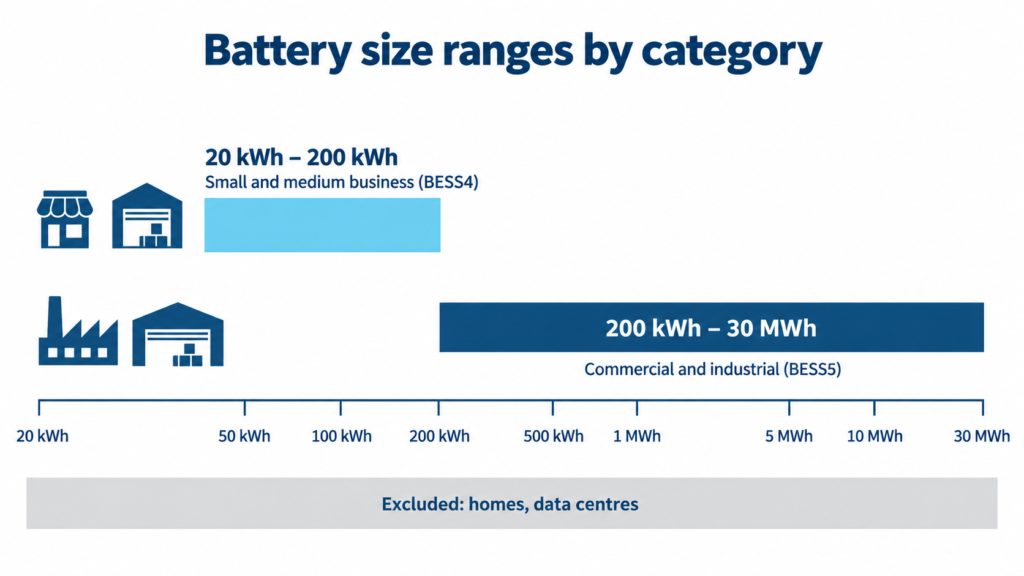 Range chart comparing the two NSW business battery size bands, BESS4 at 20 to 200 kWh and BESS5 at 200 kWh to 30 MWh, with homes and data centres excluded.