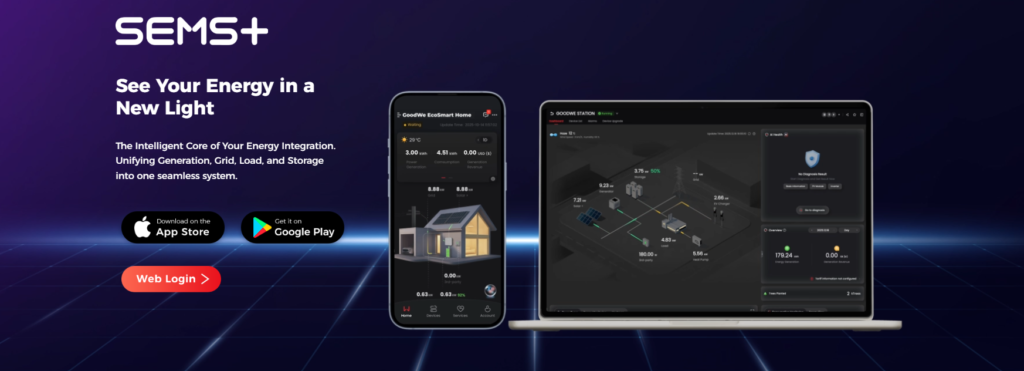 SEMS+ energy management platform showing solar, battery and home energy monitoring on mobile app and laptop dashboard interface