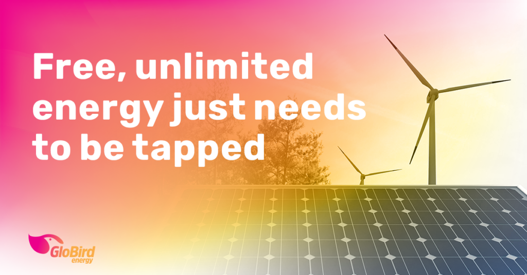 Globird Energy's promotional picture of solar panels, windmills and logo with text overlay saying "Free, unlimited energy just needs to be tapped"