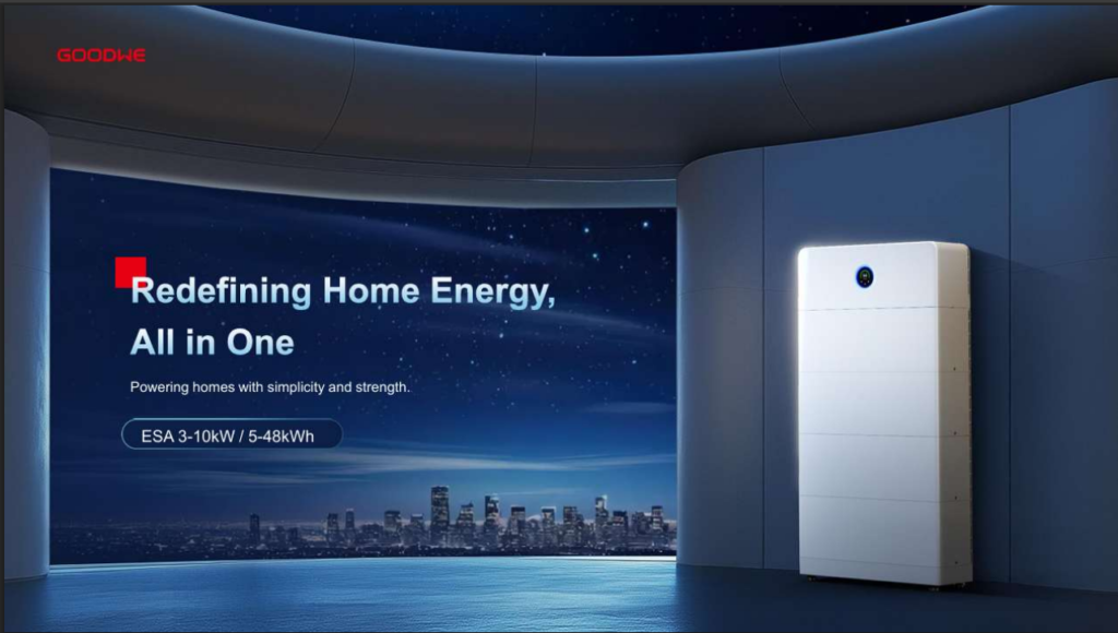 Promotional graphic of GoodWe ESA home battery beside city skyline at night with Redefining Home Energy text