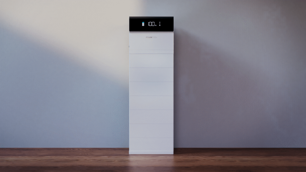 Front view of a Pylontech Force H3X battery installed on plain white wall. 3-phase hybrid system