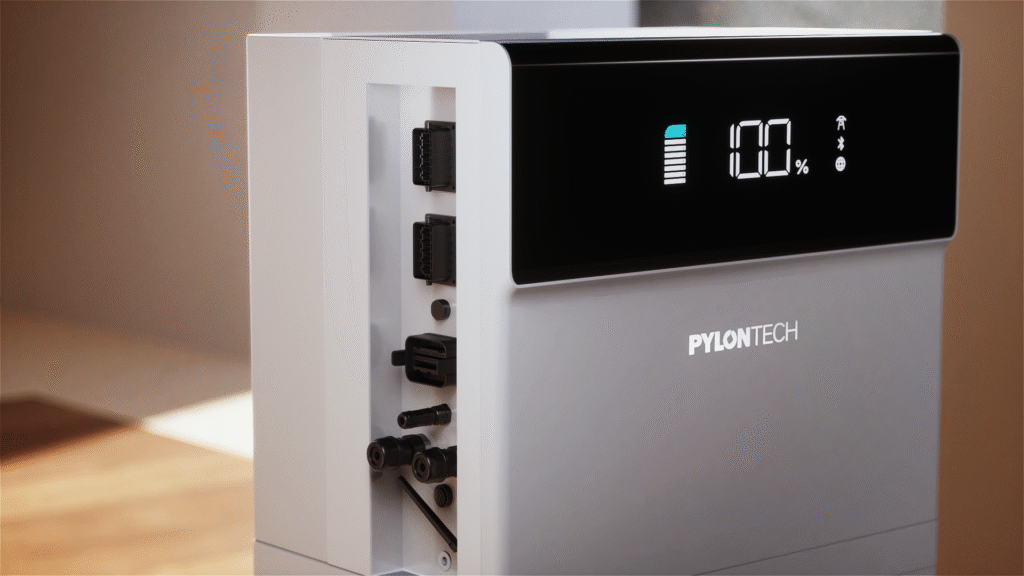 Close up view of Pylontech Force H3X battery showing the side panel and smart reader.