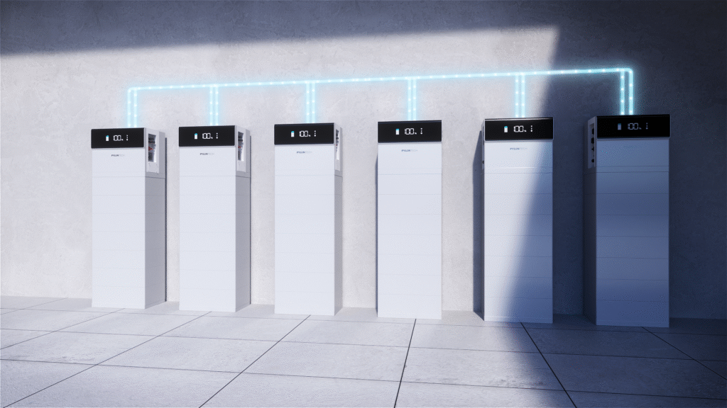 Pylontech Force H3X stackable modules. 6 batteries lined up, installed on wall producing 120 kWh 