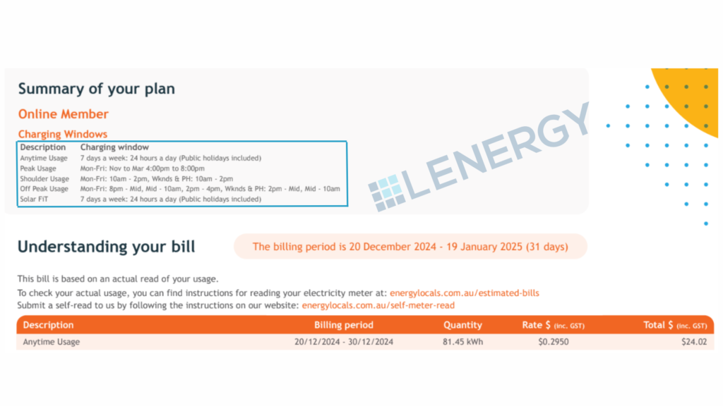 An example electricity bill from Lenergy highlighting the charging window with a Lenergy logo watermark.