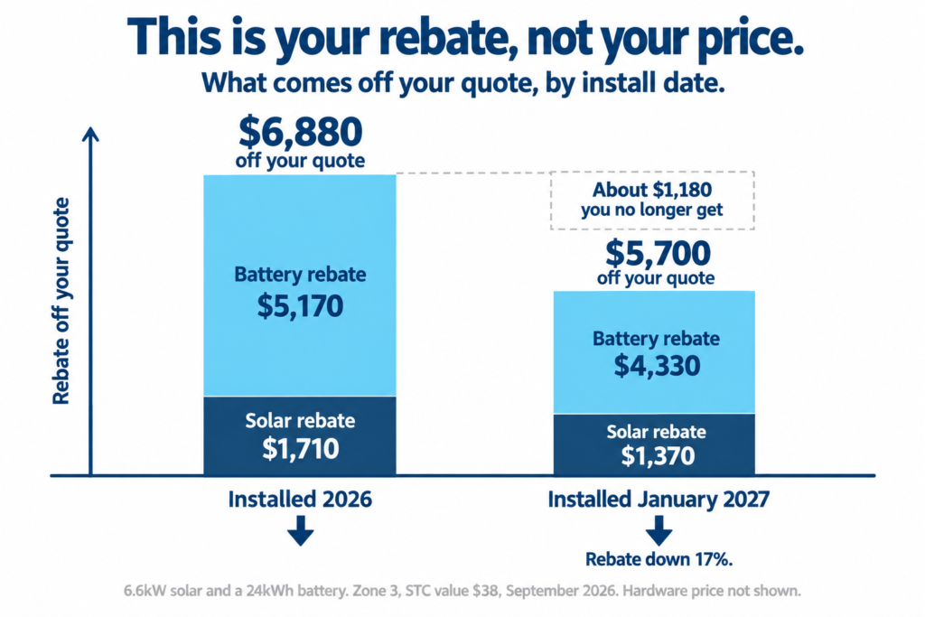 Stacked bar chart comparing combined solar and battery rebates, about $6,880 in 2026 against about $5,700 in 2027, a loss of around $1,180.