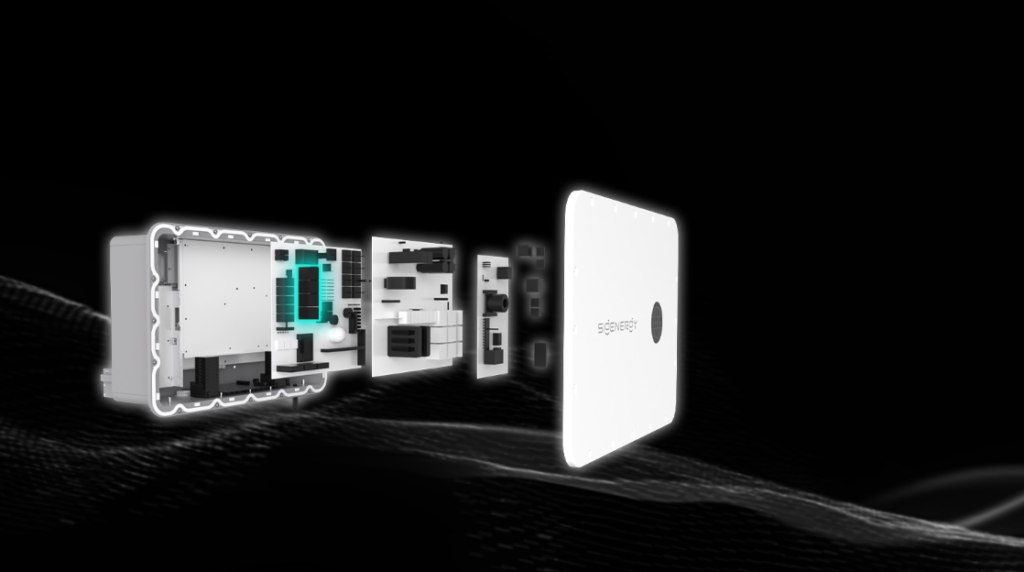 Exploded view of a Sigenergy C&I inverter showing internal components and layered design against a dark background.