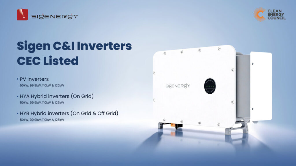 Sigenergy Sigen C&I inverter with text announcing CEC-listed commercial PV and hybrid inverter models for Australia.
