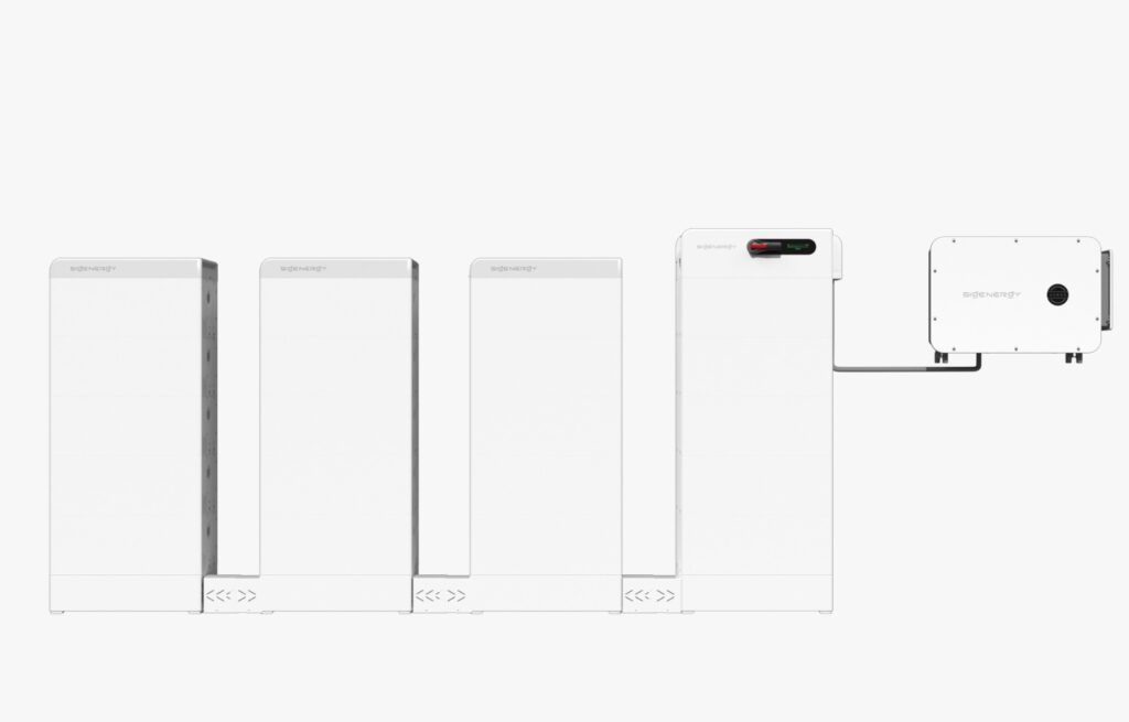 SigenStack commercial battery system with multiple modular units and inverter, designed for scalable energy storage solutions