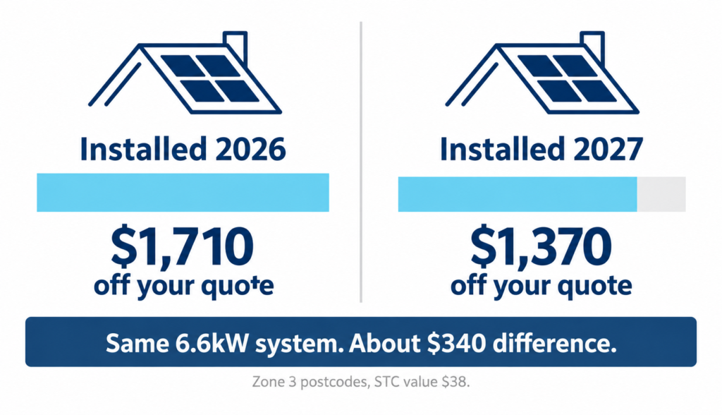 Comparison of the solar rebate on a 6.6kW system, about $1,710 in 2026 against about $1,370 in 2027.