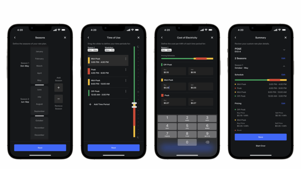 4 separate moch iphone screens showing the Tesla Monitoring app which helps track power from a solar and battery system