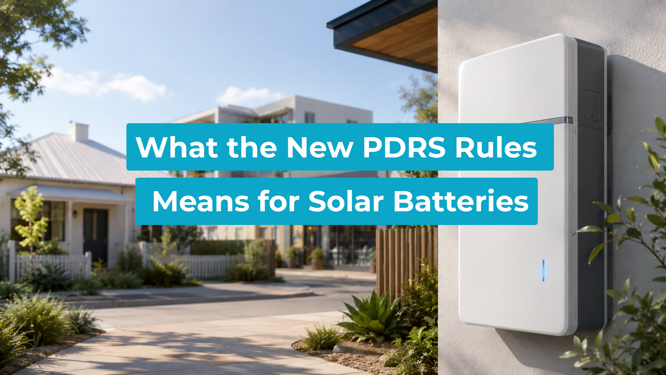 A modern home battery unit installed outside a house, with an apartment building and small business premises visible in the softly blurred background, representing the range of properties eligible for NSW's PDRS battery incentive.