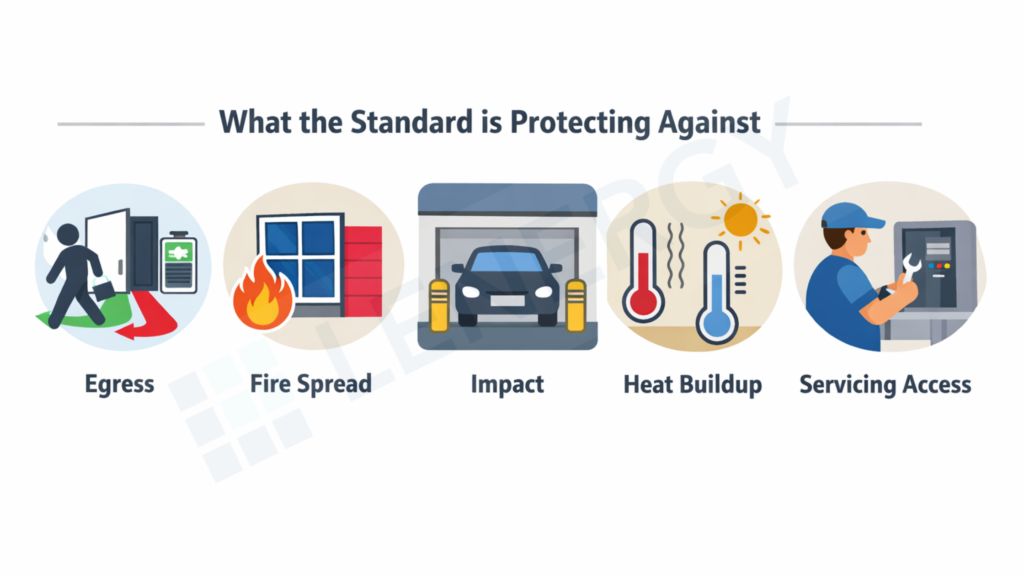 Icons showing safety factors for solar battery placement: egress, fire spread, impact risk, heat buildup, and servicing access