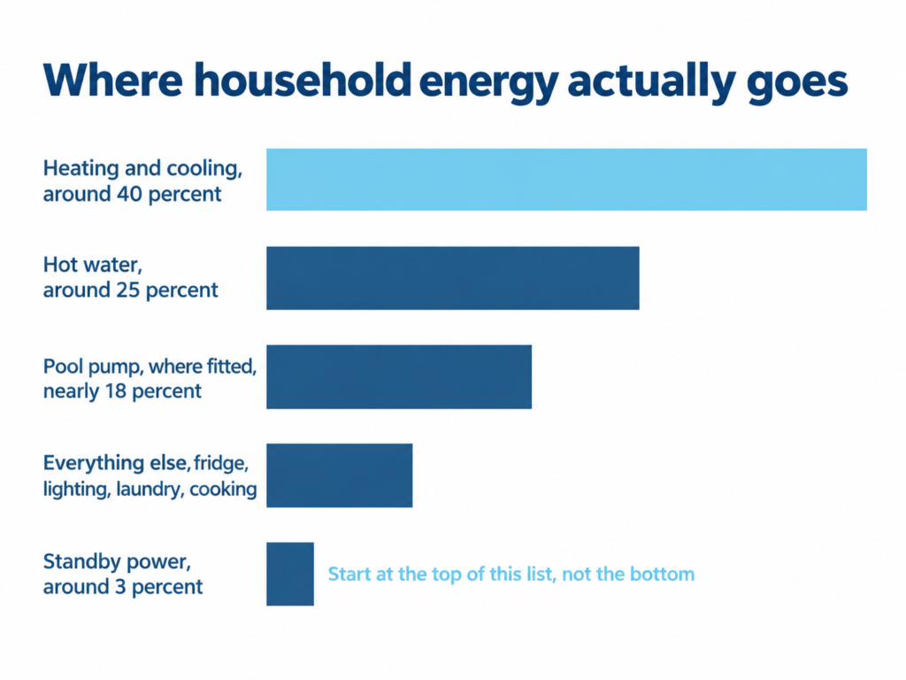 Where household energy goes: heating and cooling at 40 percent, hot water at 25 percent, standby power at 3 percent