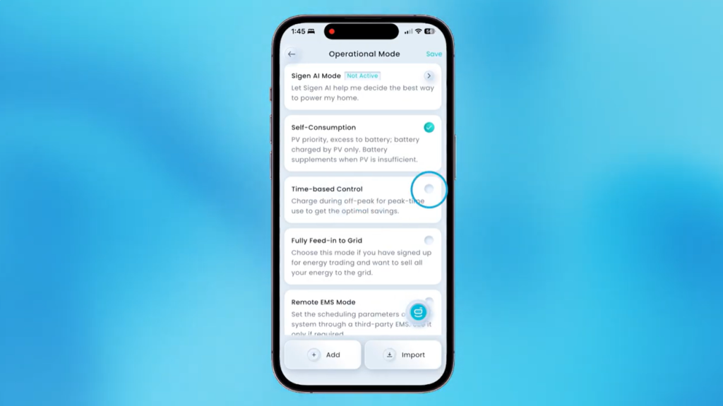 mySigen Operational Mode list with Time-based Control selected, the mode that force charges a Sigenergy battery on a schedule.