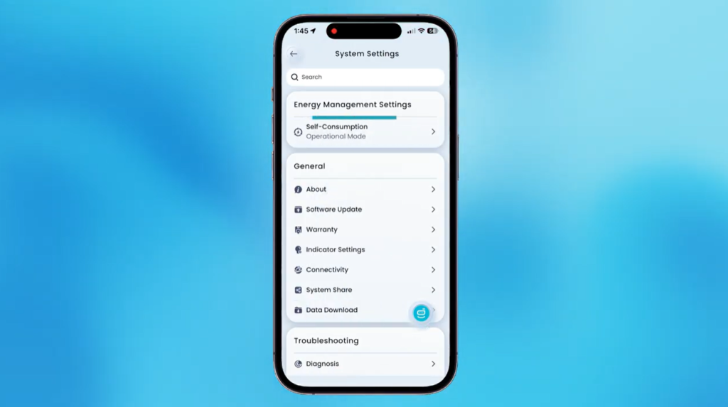mySigen System Settings screen showing Energy Management Settings in Self-Consumption mode before force charging the battery.