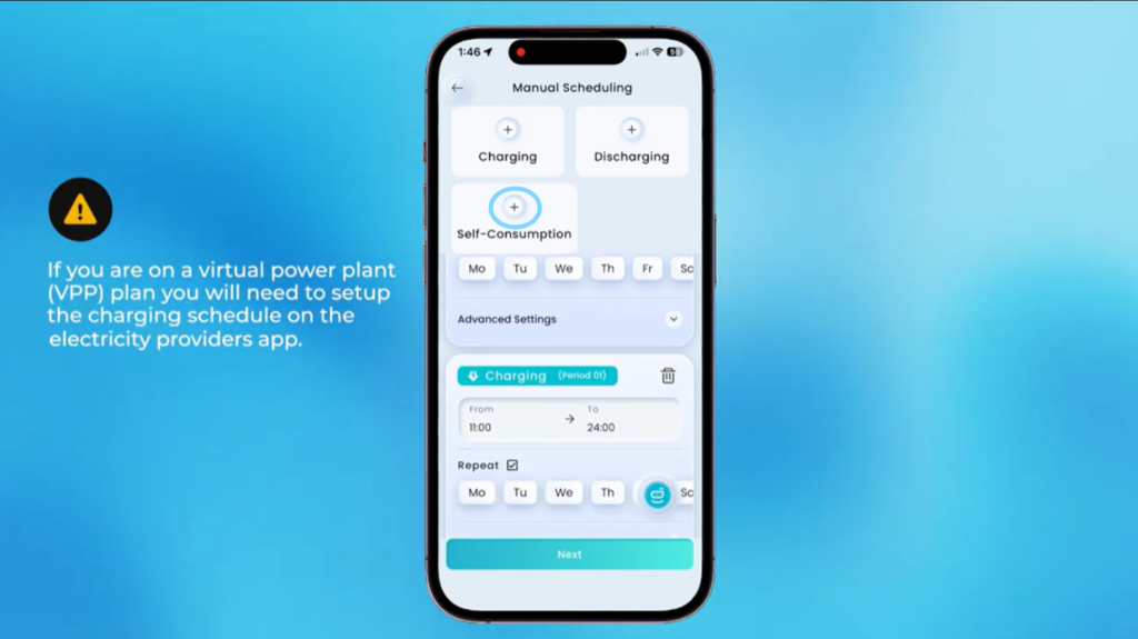 mySigen Manual Scheduling with the charging block set from 11am, adding a final self-consumption block to fill the rest of the day.