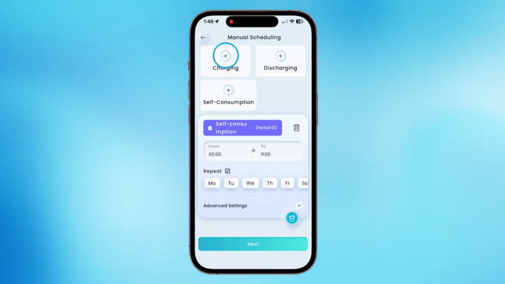 mySigen Manual Scheduling with Self-Consumption set midnight to 11am and Charging circled to add the force charging block.