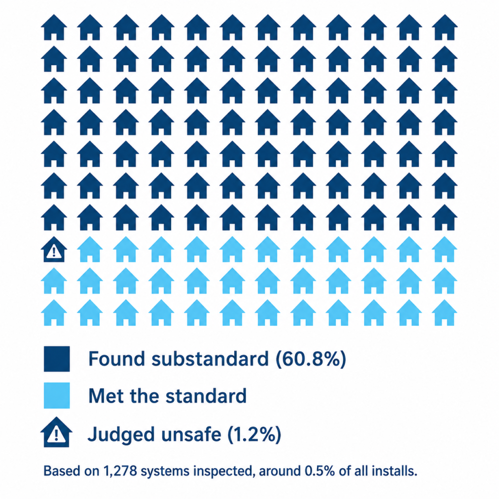 Grid of 100 house icons with 61 shaded to show the share of inspected battery installs found to be substandard.