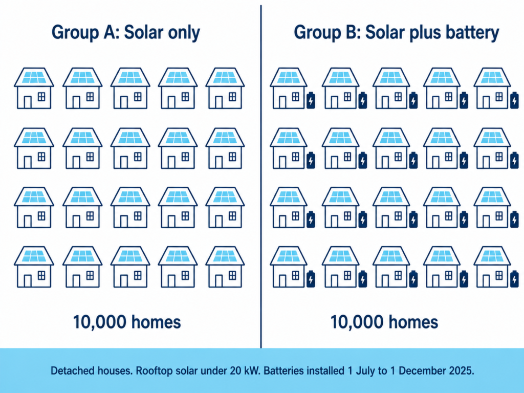 Two panels comparing 10,000 solar-only homes with 10,000 solar-plus-battery homes in the AEMO study.