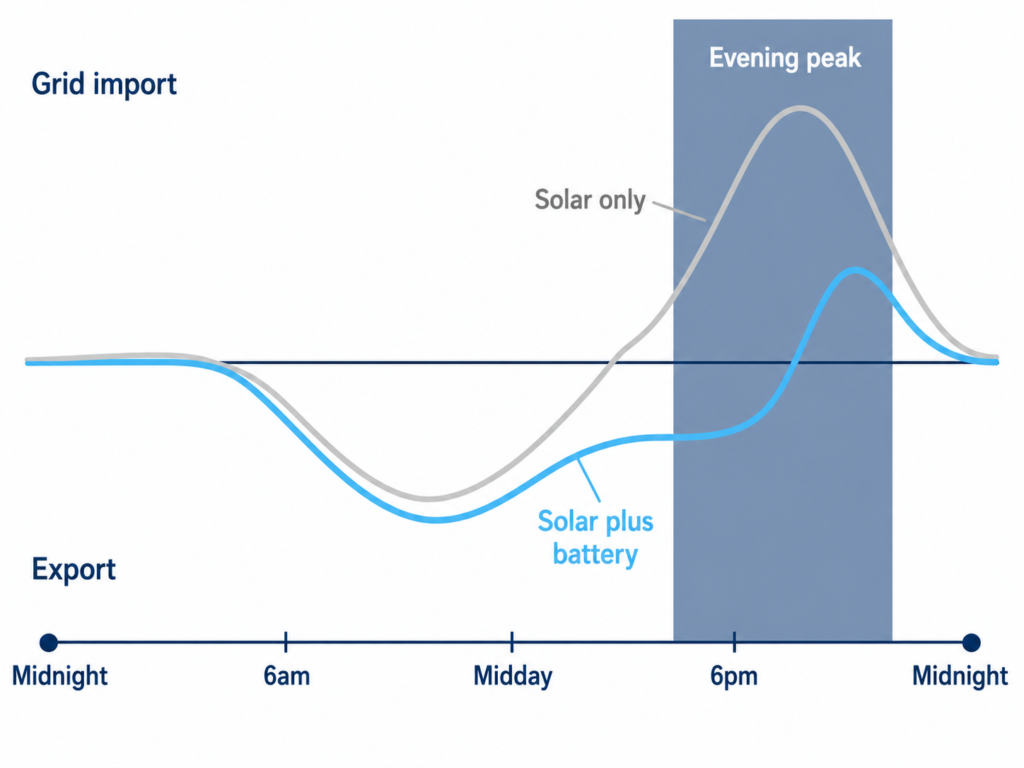 Daily profile comparing a solar-only home with a solar-plus-battery home, showing the impact of solar batteries was exported later and imported less across the 4pm to 9pm peak.
