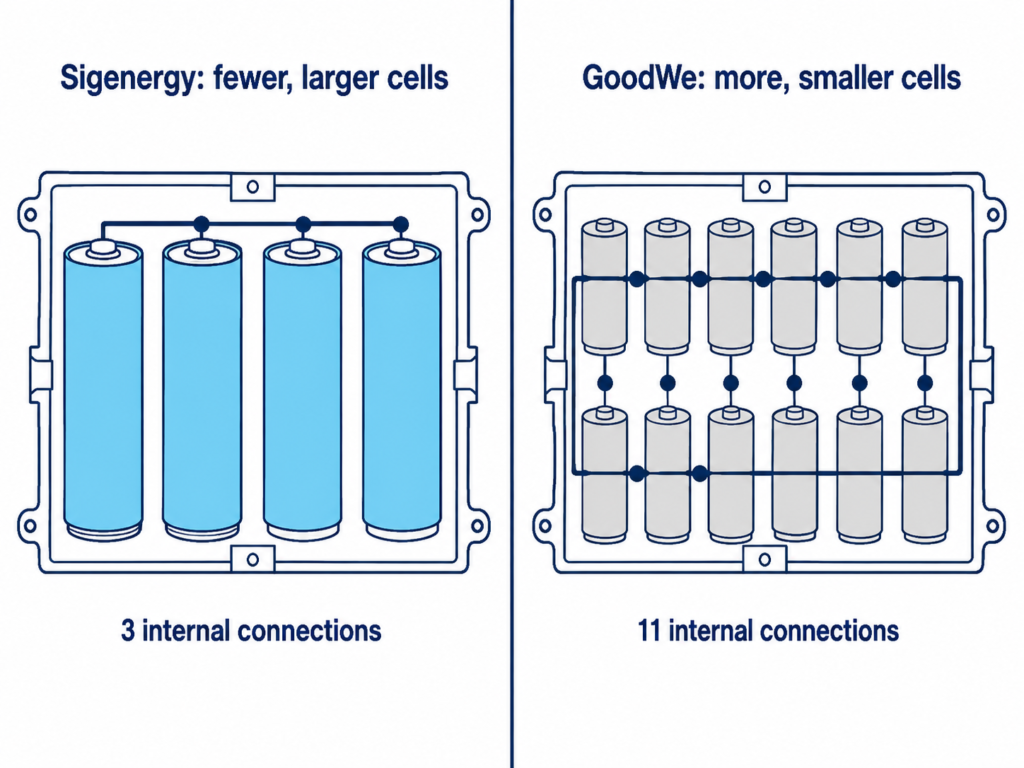 Diagram comparing battery Sigenergy vs Goodwe module internals. Sigenergy uses four large cells with three internal connections. GoodWe uses twelve smaller cells with eleven connections.