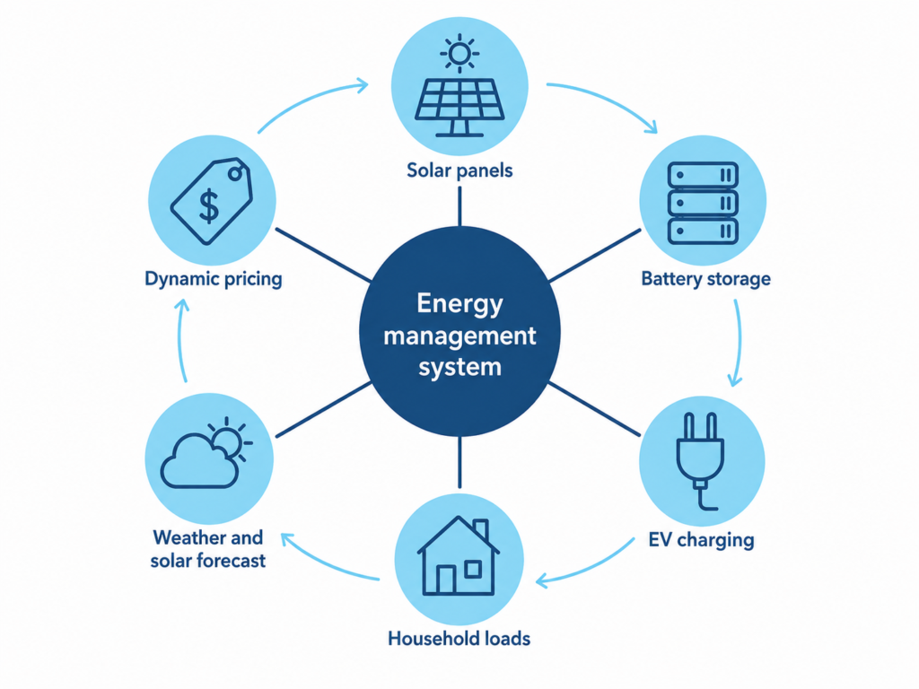Diagram of a home energy management system coordinating solar, battery storage, EV charging, household loads, weather forecasts and dynamic pricing.