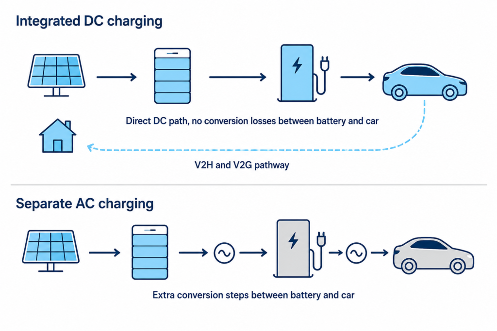 Diagram comparing integrated DC charging, which runs solar to battery to car directly with a vehicle-to-home return path, against separate AC charging with extra conversion steps.