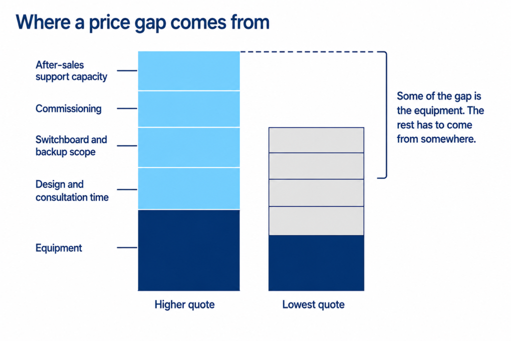Stacked bar chart showing where the difference between a higher quote and a lowest quote comes from, including equipment, design time, switchboard scope, commissioning and after-sales support.