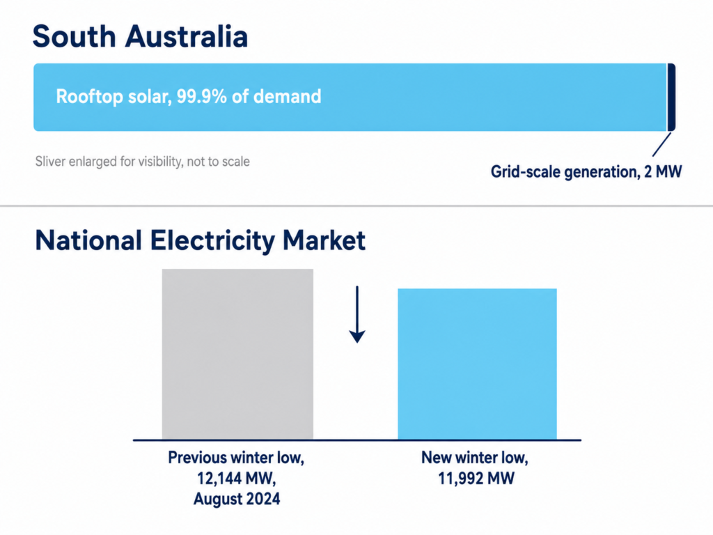 Bar showing rooftop solar covering 99.9% of South Australian demand, with grid-scale generation at 2 MW