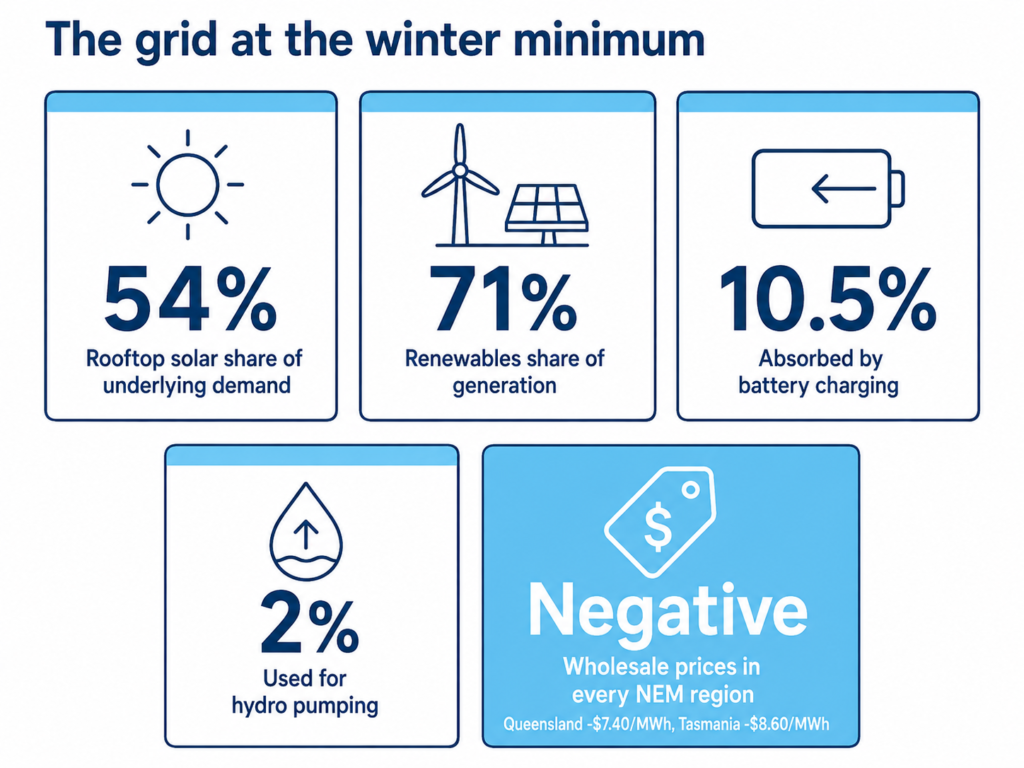 Five tiles showing South Australia solar, renewables, battery charging and hydro pumping shares at the grid's winter low