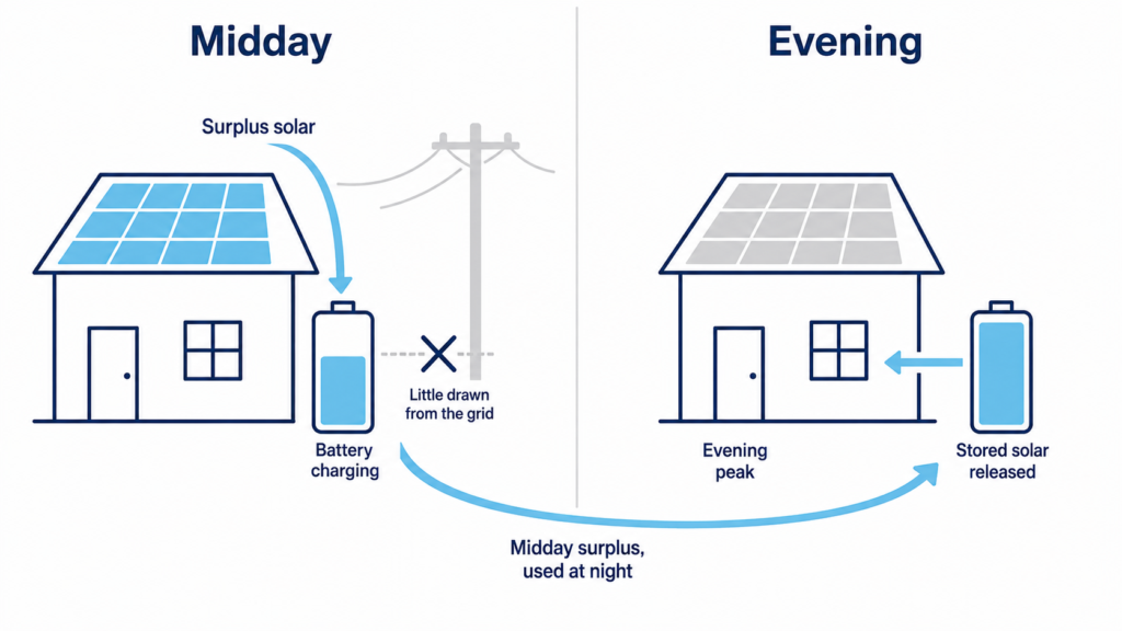 Diagram of a home battery charging from midday solar and powering the house during the evening peak