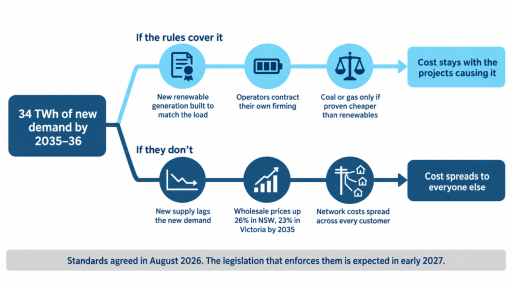 Diagram showing two outcomes for 34 TWh of new data centre demand: costs staying with the projects that cause them, or spreading to every electricity customer.
