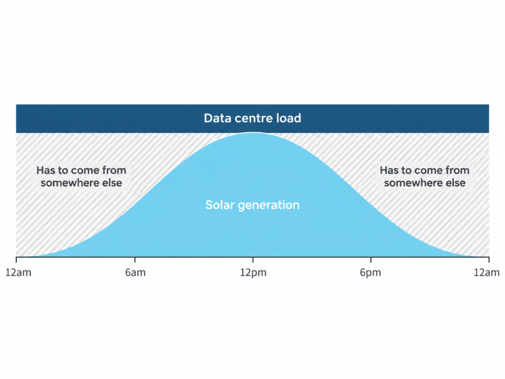 Chart comparing a data centre's flat 24-hour electricity load against a solar generation curve that peaks at midday, with the uncovered hours shaded.