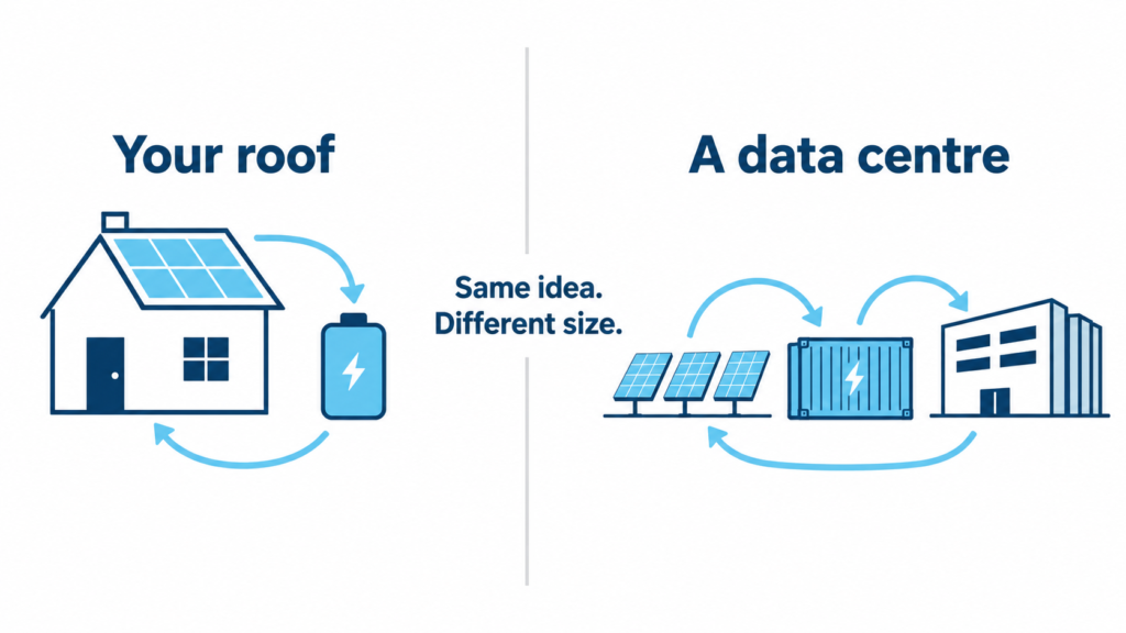 Side-by-side diagram of a house with rooftop solar and a battery next to a data centre with a solar farm and grid-scale battery, using the same generate-store-use loop.