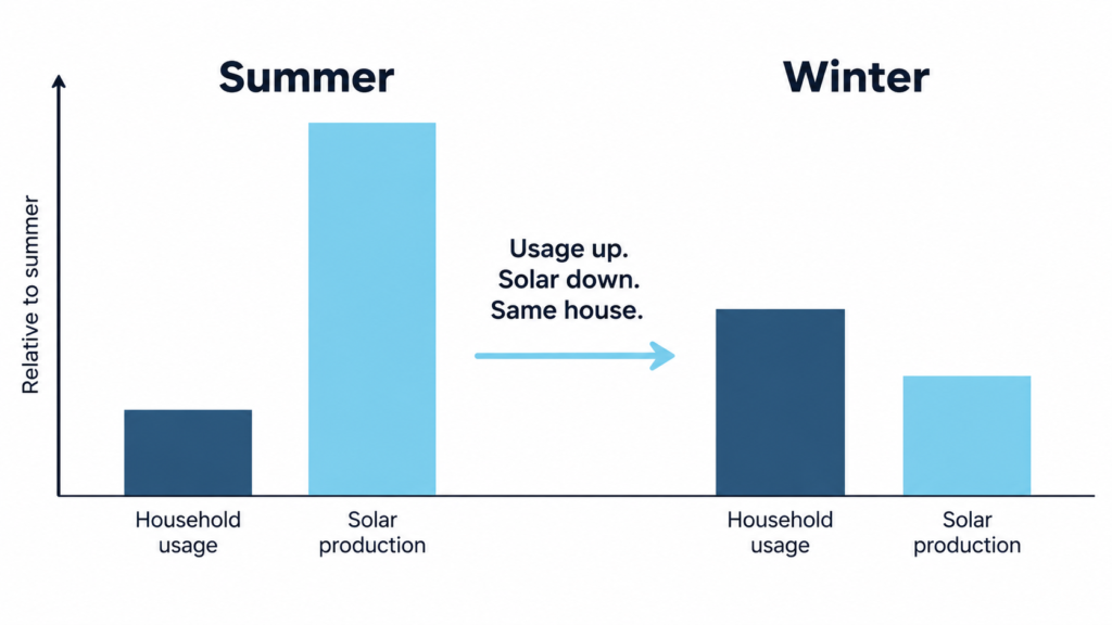 Bar chart comparing a summer and a winter electricity bill. Household usage rises sharply in winter while solar production falls to around half its summer level.