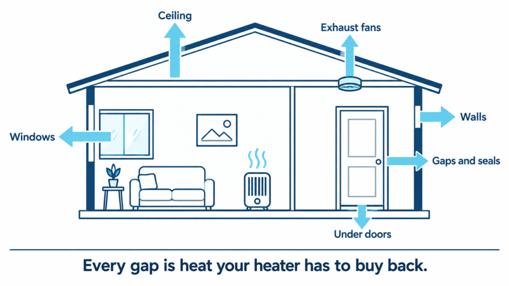 Cross-section of a house with arrows showing heat escaping through the ceiling, walls, windows, under doors, exhaust fans and unsealed gaps, while a heater runs inside.