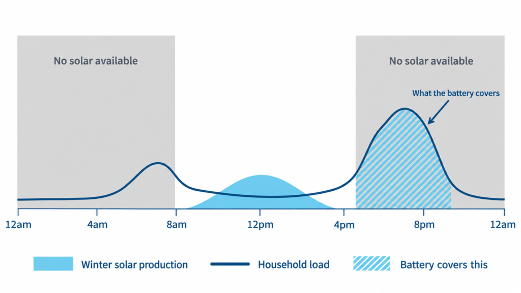 Chart across a full day showing winter solar production peaking around midday and falling to zero before evening, while household load peaks after dark. The shaded evening gap is the power a battery covers.