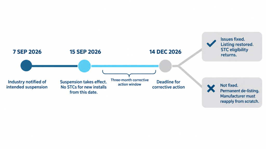 Timeline of the Neovolt battery suspension, from industry notification on 7 September 2026 to the corrective action deadline on 14 December 2026, branching to either a restored listing or permanent de-listing.