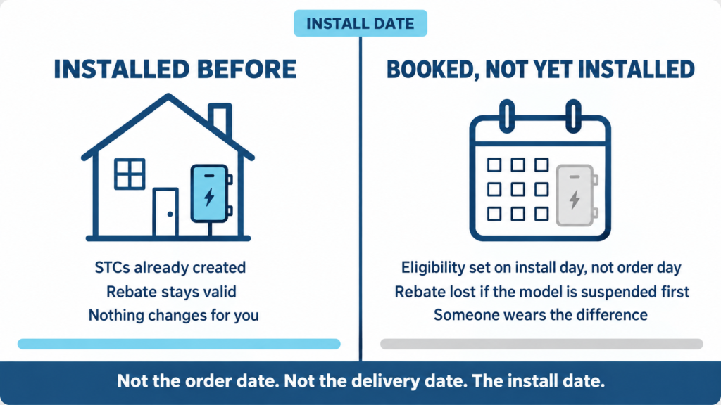 Comparison showing a CEC approved battery installed before the suspension keeps its rebate, while a battery ordered but not yet installed loses it.