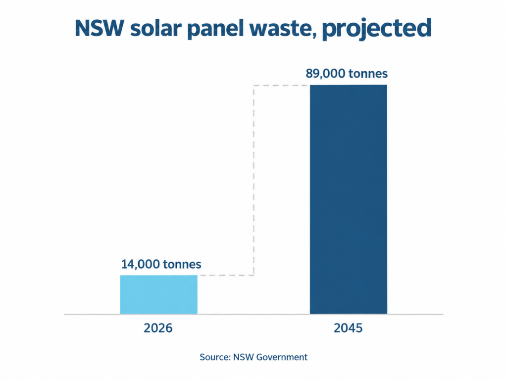 Column chart showing NSW solar panel waste rising from 14,000 tonnes in 2026 to a projected 89,000 tonnes by 2045.