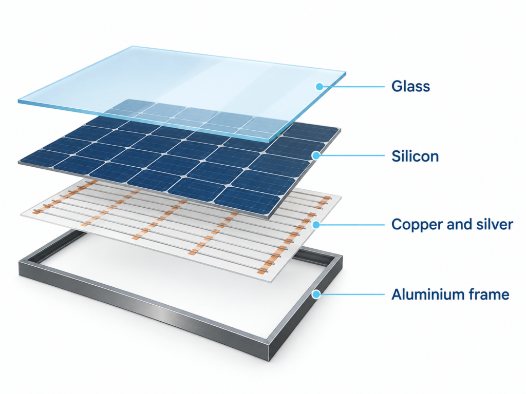 Exploded diagram of a solar panel showing the glass, silicon, copper, silver and aluminium frame recovered in recycling.