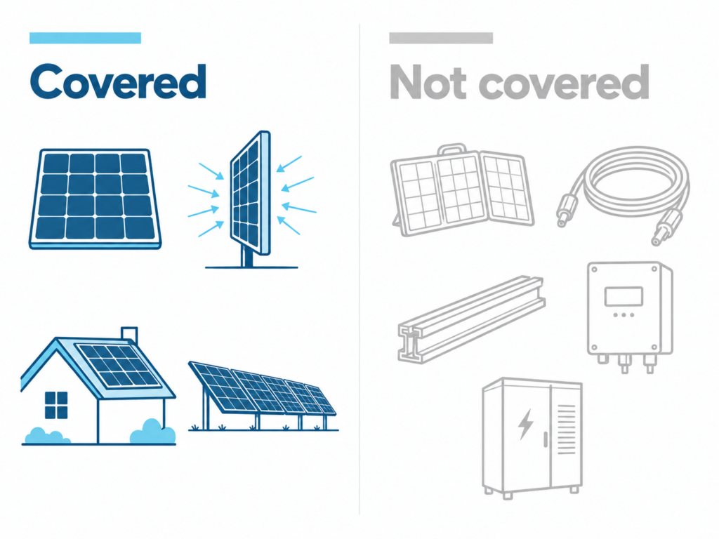 Grid showing which panels the NSW solar panel recycling scheme covers, and which products sit outside its scope.