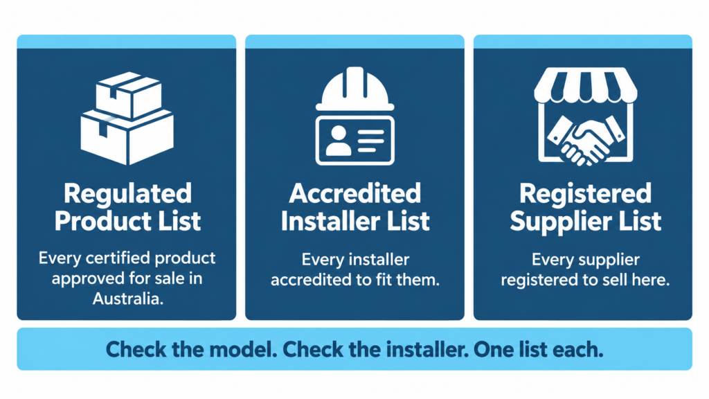 Three cards showing the public registers coming under Australia's new solar and battery regulations: the Regulated Product List, the Accredited Installer List and the Registered Supplier List.