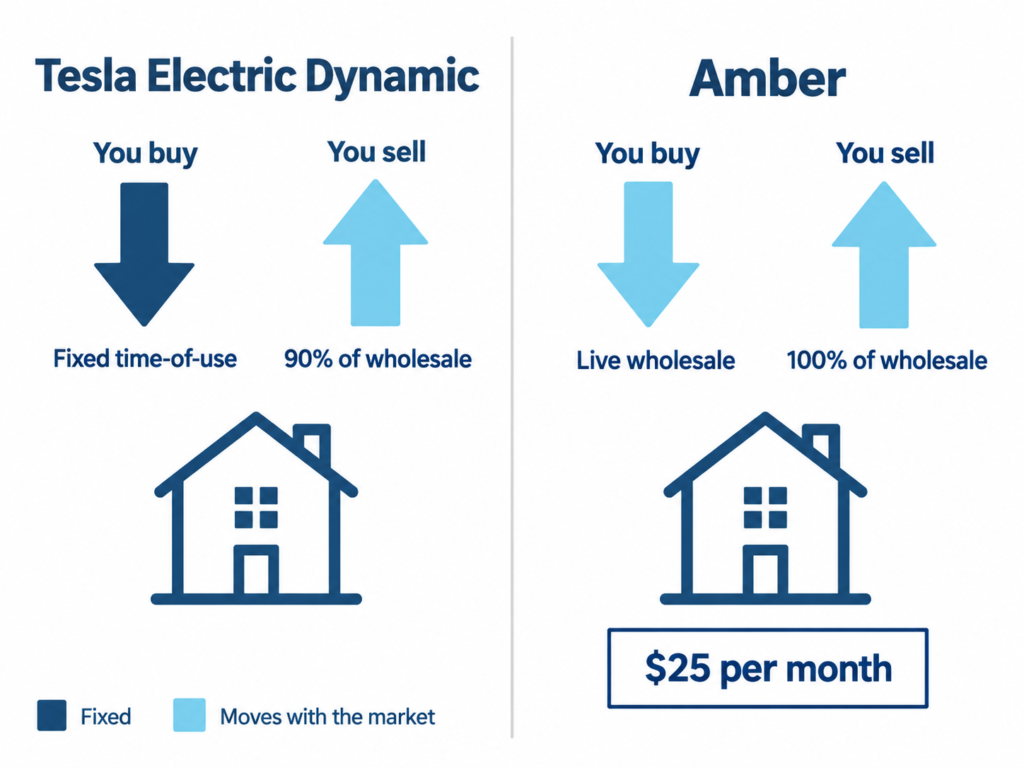 Diagram comparing Tesla VPP vs Amber pricing: Tesla charges fixed time-of-use rates and pays 90% of wholesale for exports, Amber uses live wholesale rates on both sides for a $25 monthly fee.