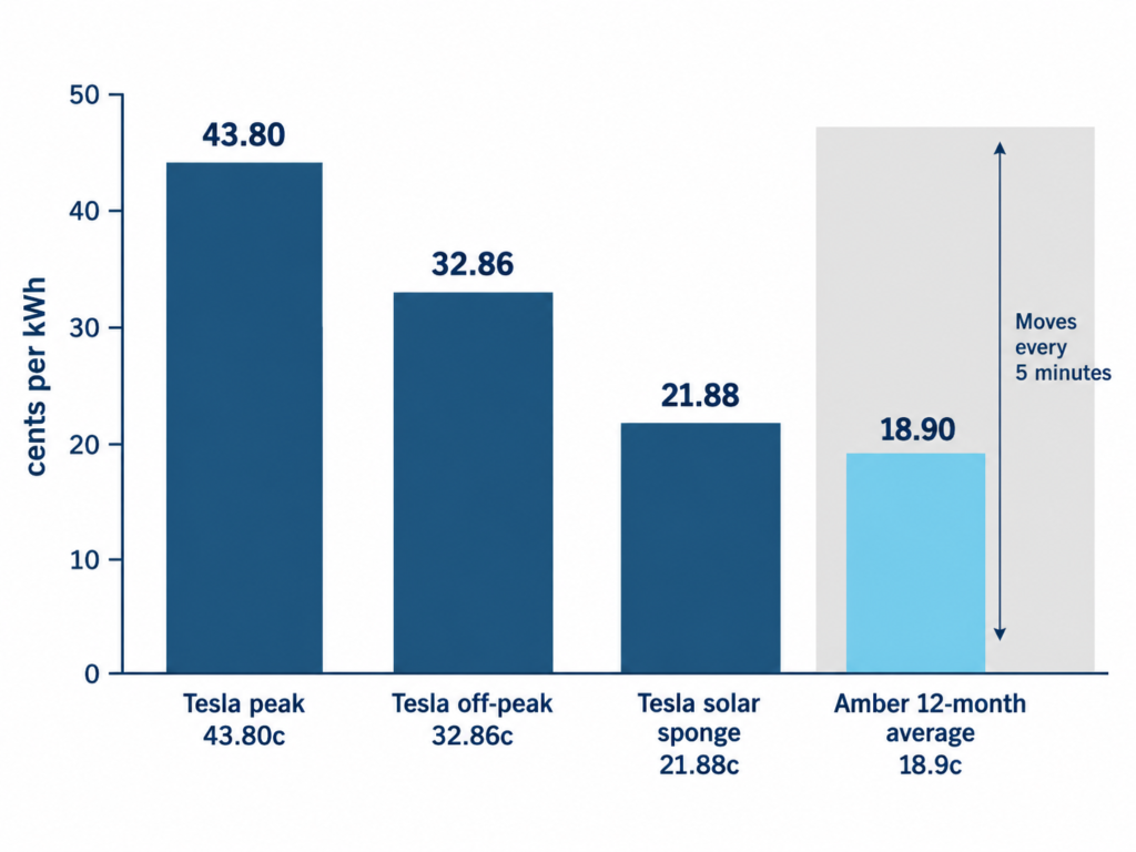 Bar chart of outer Sydney electricity rates: Tesla peak 43.80 cents, off-peak 32.86 cents and solar sponge 21.88 cents per kilowatt hour, against Amber's 18.9 cent twelve-month average.